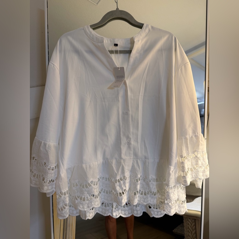 NEW 3/4 Bell Sleeve Button Down Shirt Ruffle Eyelet Trim Top Blouse XL